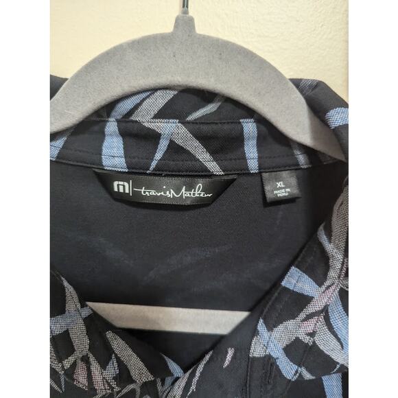 Travis Mathew Shirt Mens XL Black Buzz Words Leaf Print Pima Cotton Polo - Picture 2 of 5